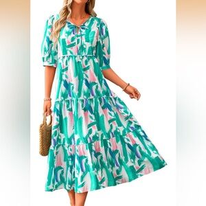 Elegant Green and Pink Abstract Maxi Dress